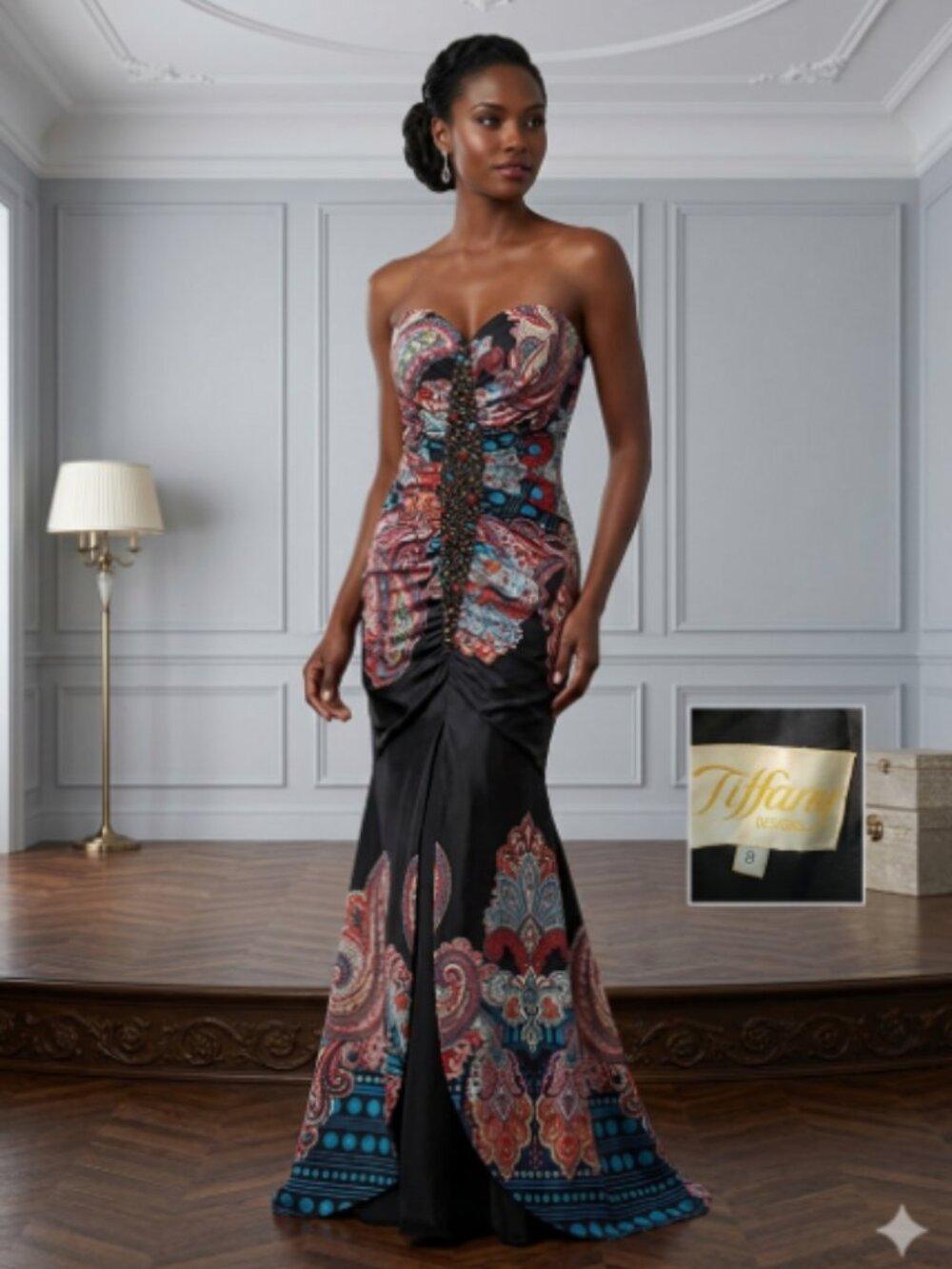 Tiffany Designs Black and Multicolor Strapless Dress